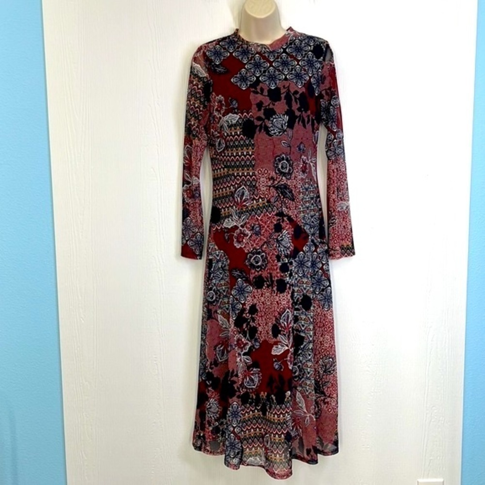 Enfocus Studio - Beautiful Printed Burgundy Floral Mesh Maxi Dress Size 8 - Picture 2 of 11